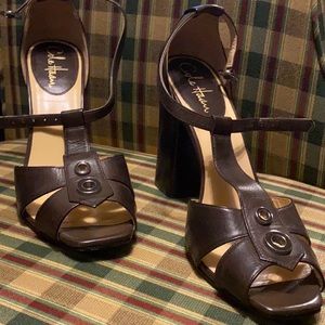 Cole Haan: Brown Leather T-Strap Heels: 8